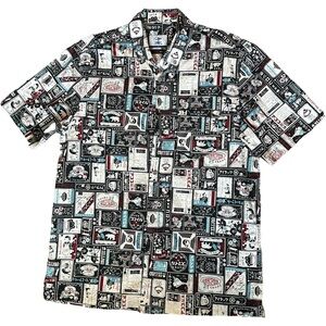 Oromen Vintage-Inspired Japanese Diner Print Short Sleeve Button-Up Shirt
